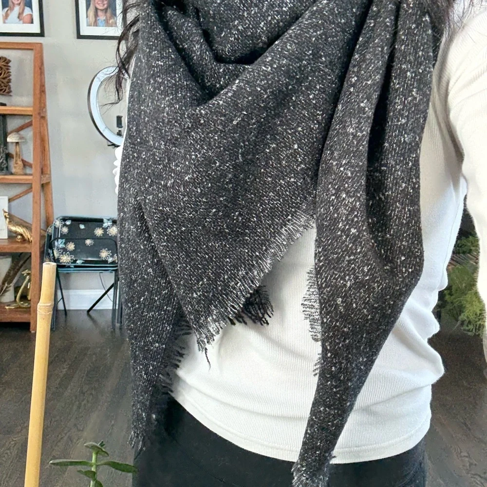 Elegant Black large square scarf/wrap with slightly fringed edge